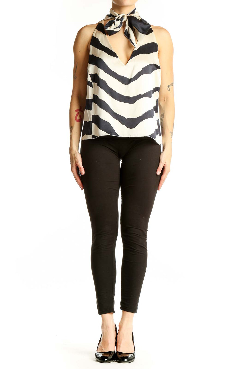 Front view of Armani Collezioni black and white zebra print silk halter top