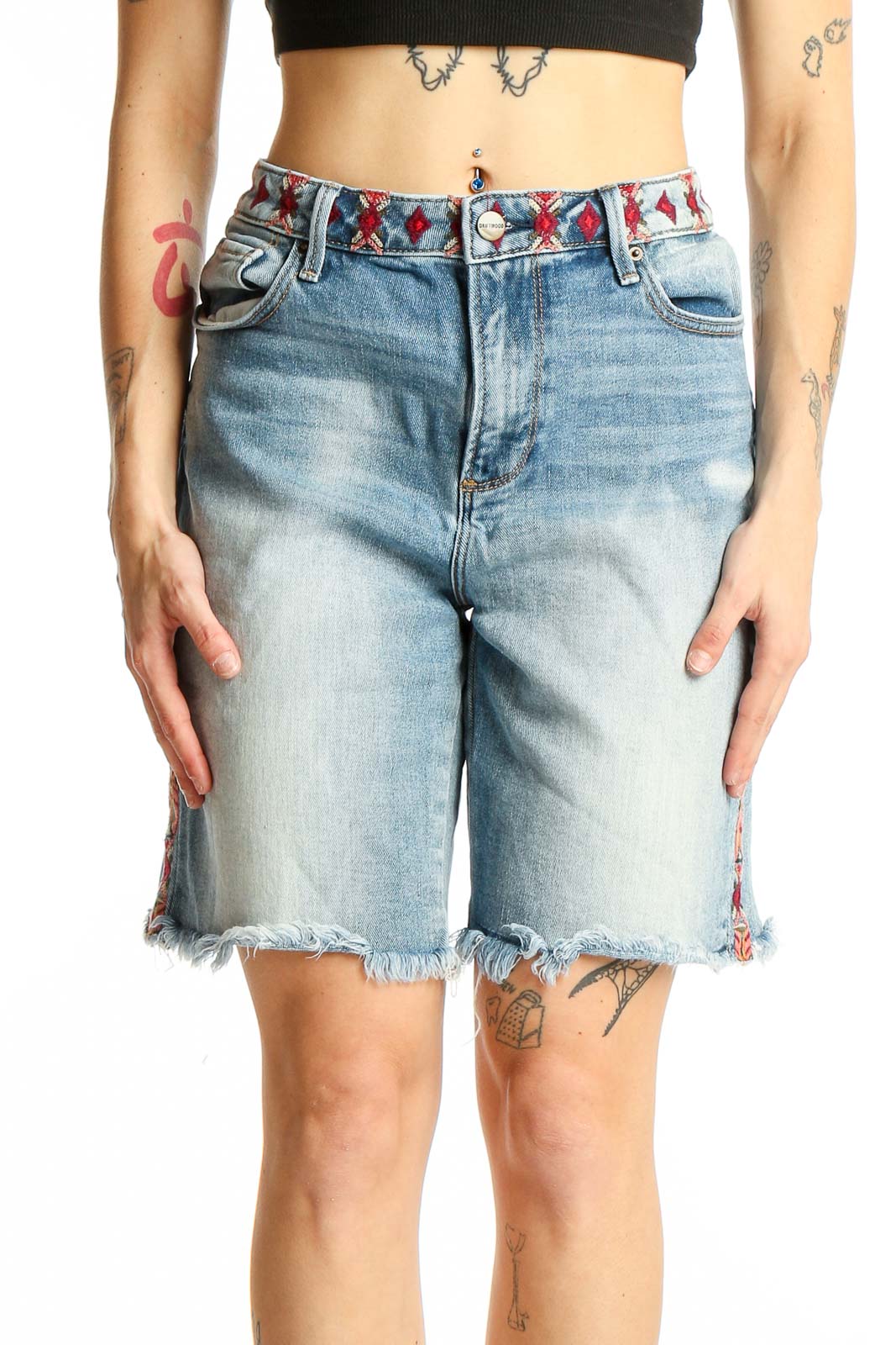 Front view of Driftwood light blue denim Bermuda shorts with embroidered waistband