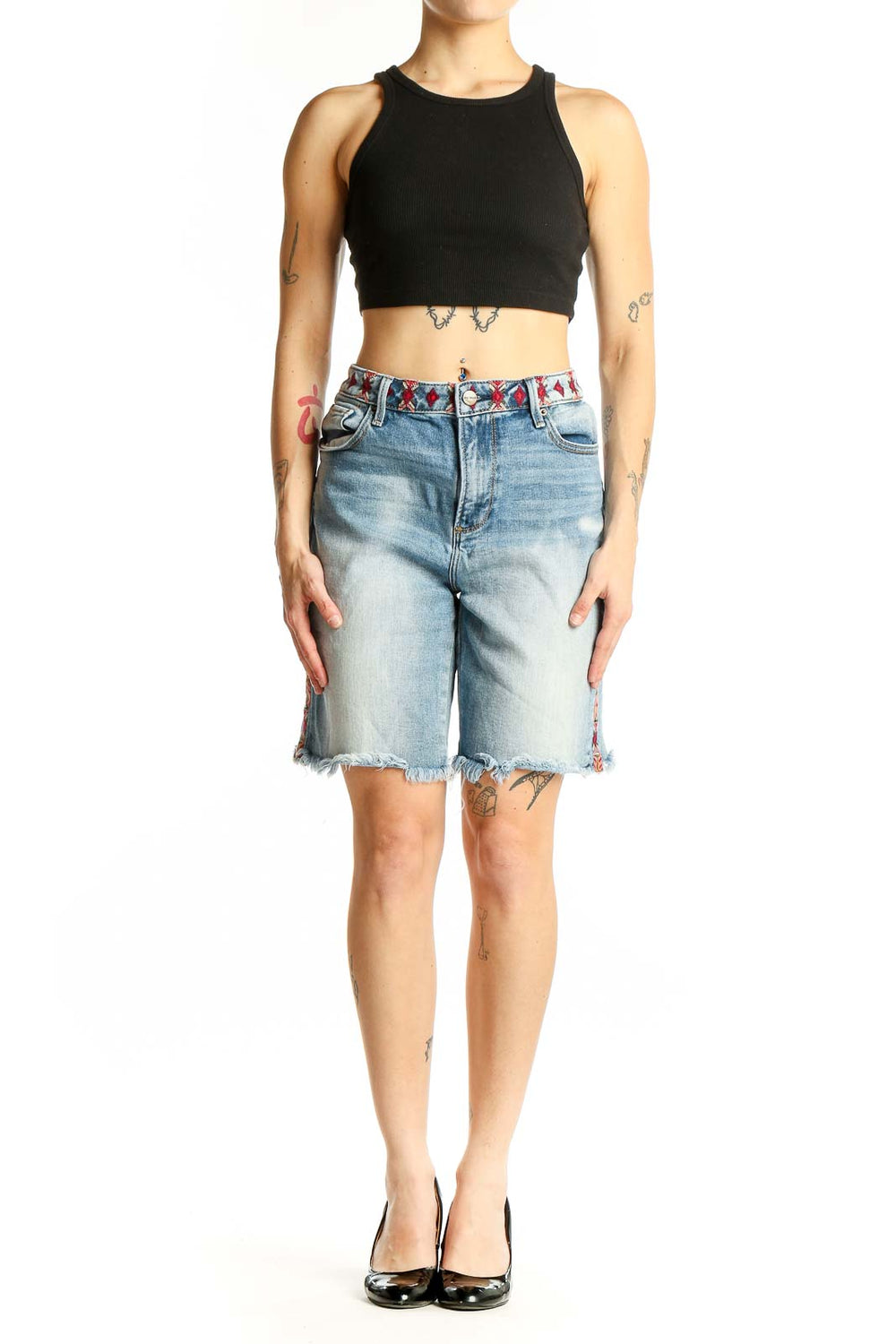 Front view of Driftwood light blue denim Bermuda shorts with embroidered waistband