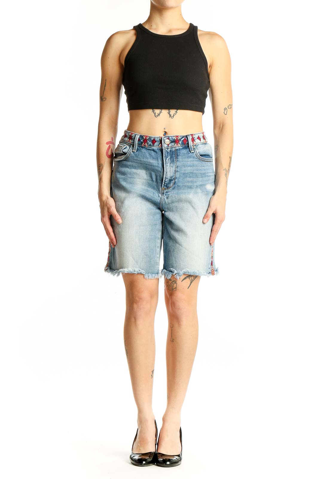 Front view of Driftwood light blue denim Bermuda shorts with embroidered waistband