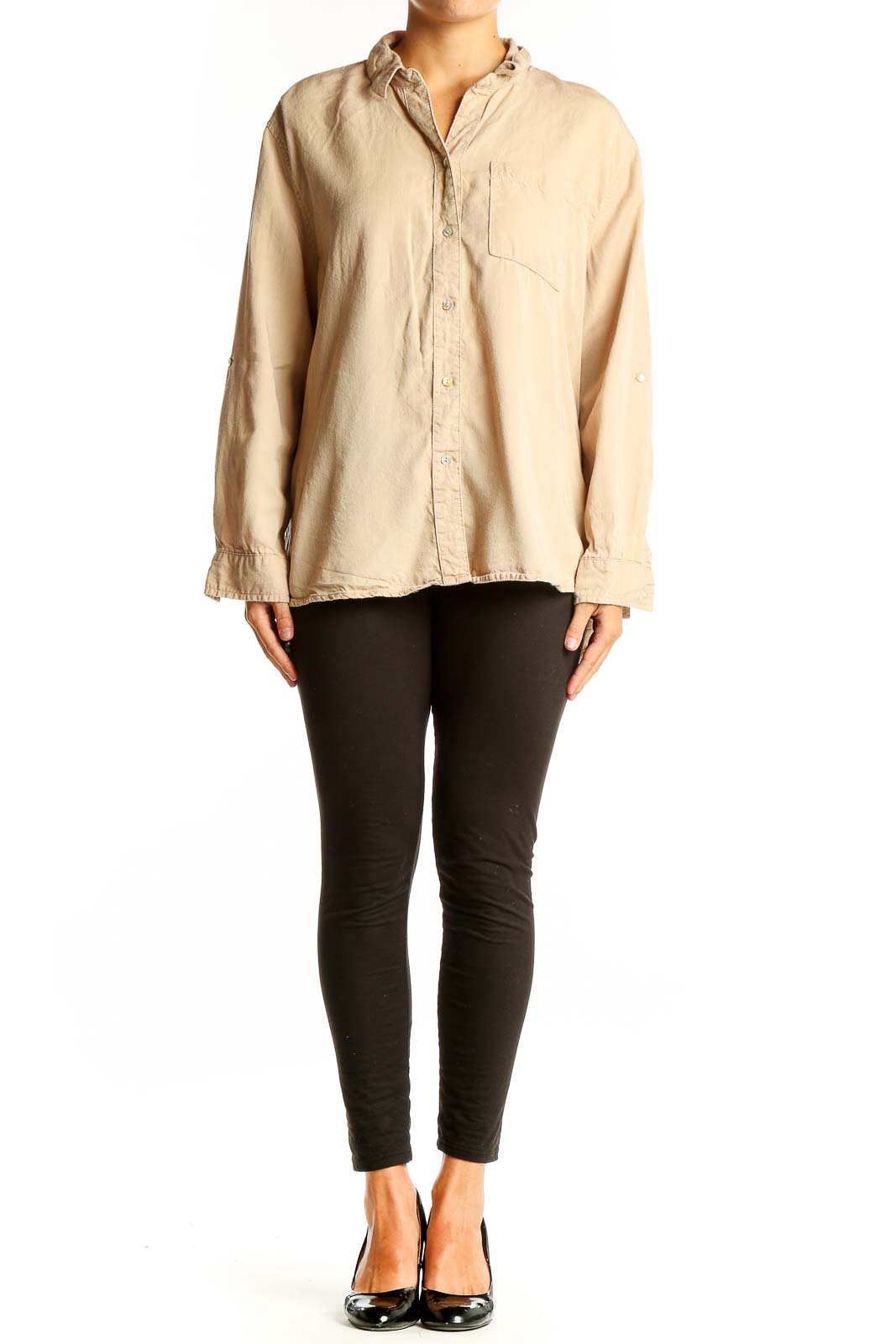 Front view of Hester & Orchard beige Tencel button-down shirt