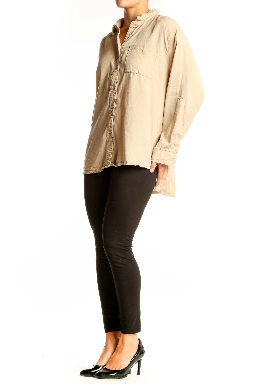 Front view of Hester & Orchard beige Tencel button-down shirt