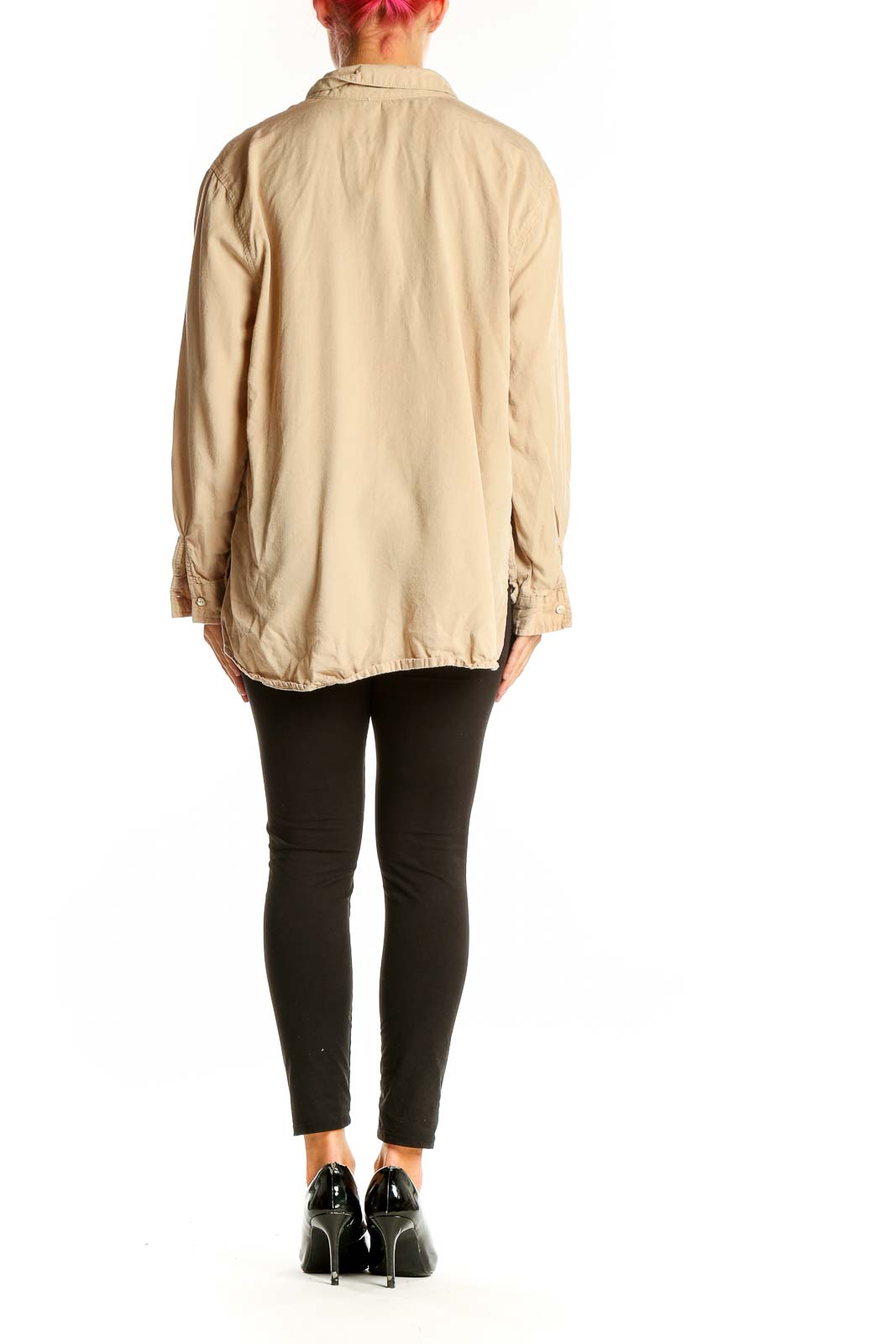 Back view of Hester & Orchard beige Tencel button-down shirt on model