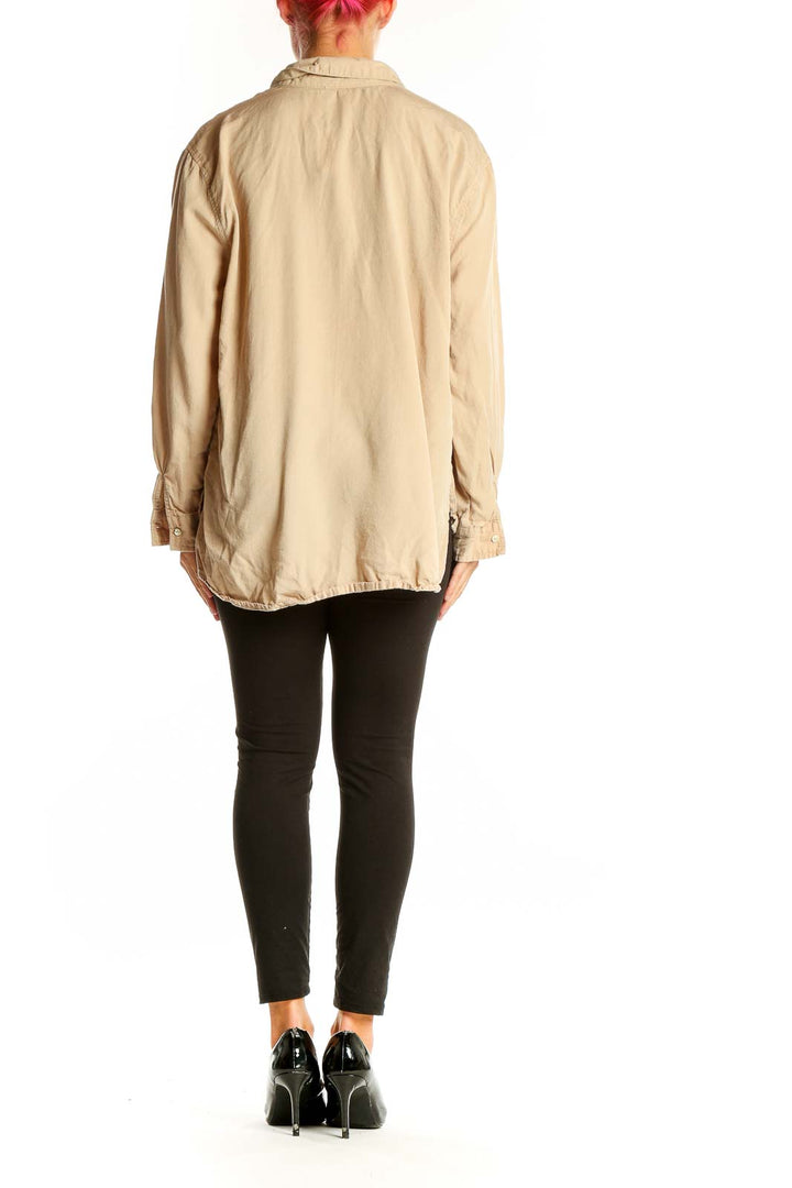 Back view of Hester & Orchard beige Tencel button-down shirt on model