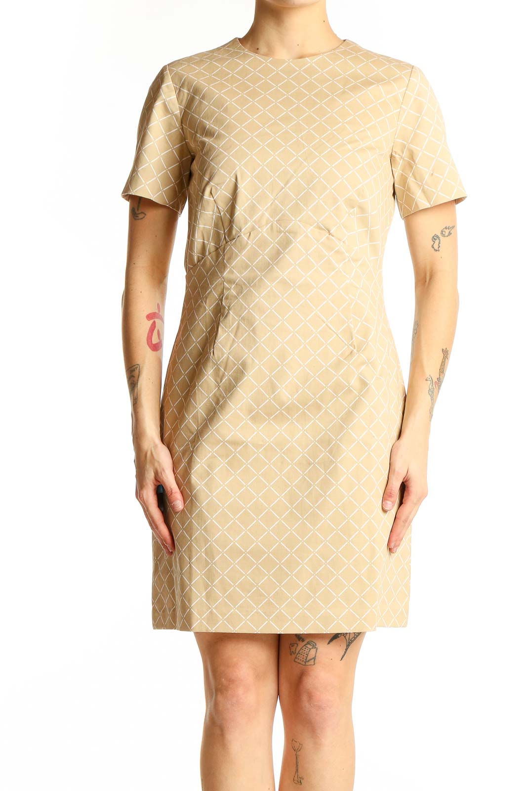 Front view of Ann Taylor beige diamond pattern sheath dress