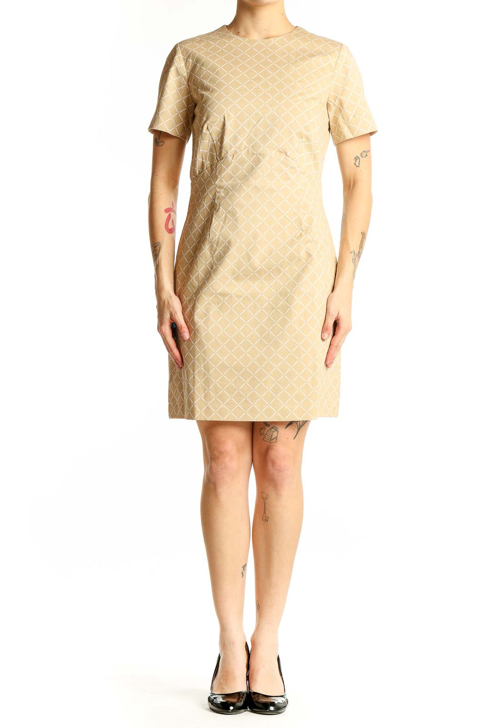 Front view of Ann Taylor beige diamond pattern sheath dress