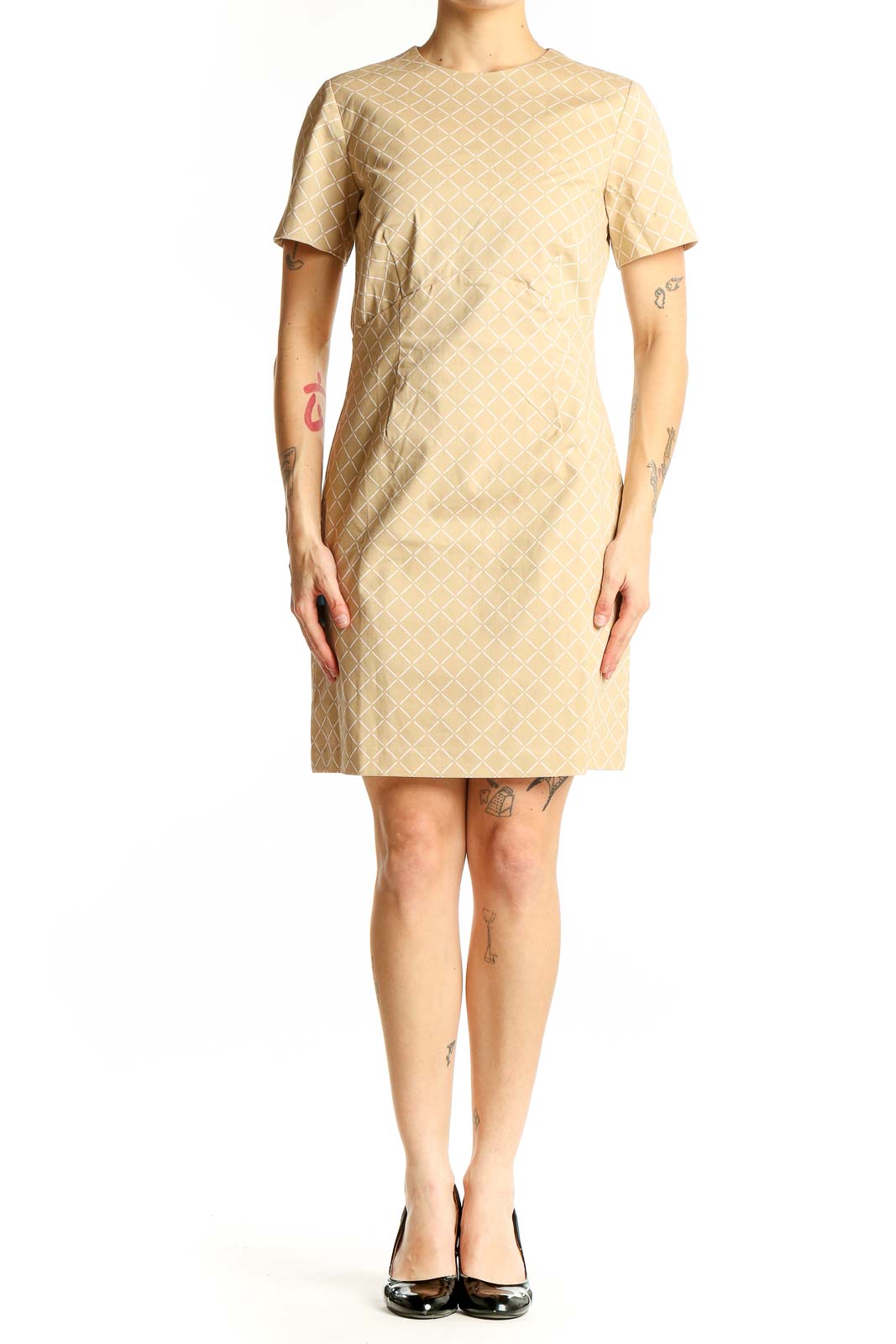Front view of Ann Taylor beige diamond pattern sheath dress