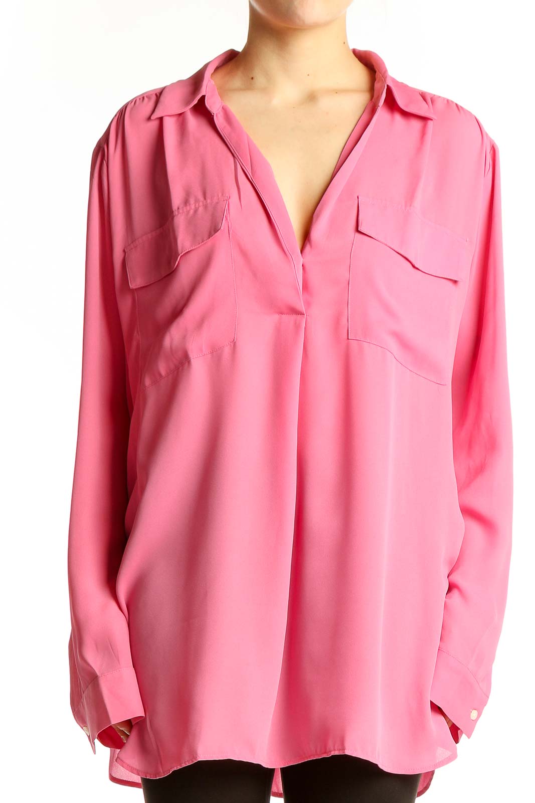 Front view of Ann Taylor pink polyester V-neck blouse with long sleeves
