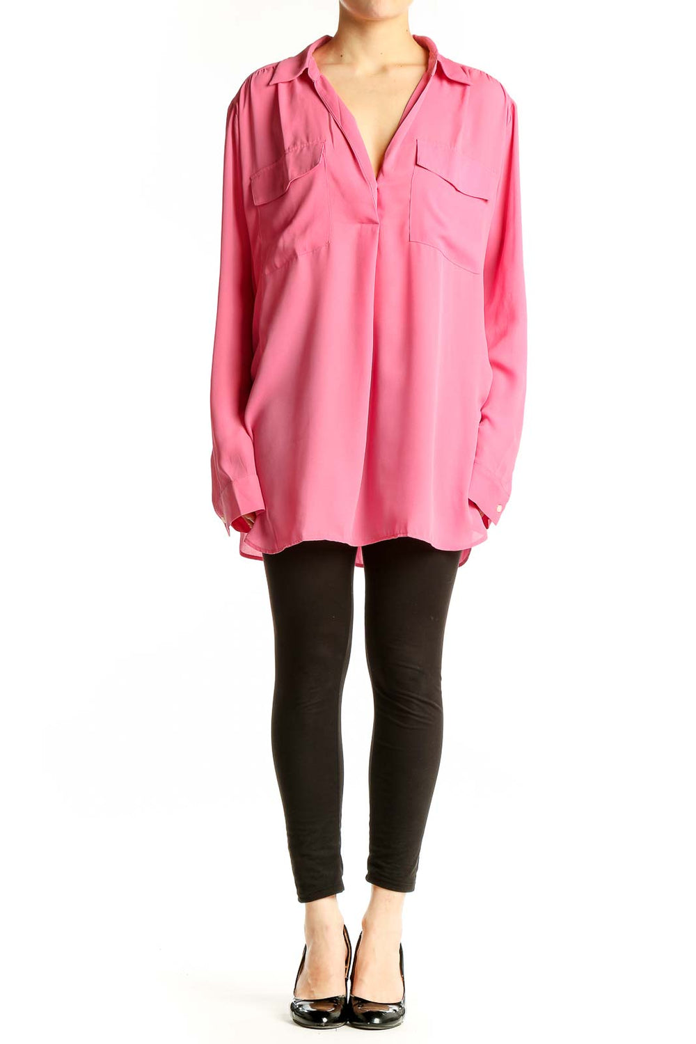 Front view of Ann Taylor pink polyester V-neck blouse with long sleeves