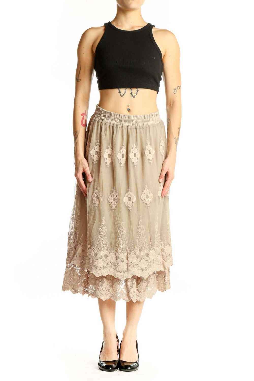 Front view of Indigo Soul beige lace embroidered midi skirt with floral pattern