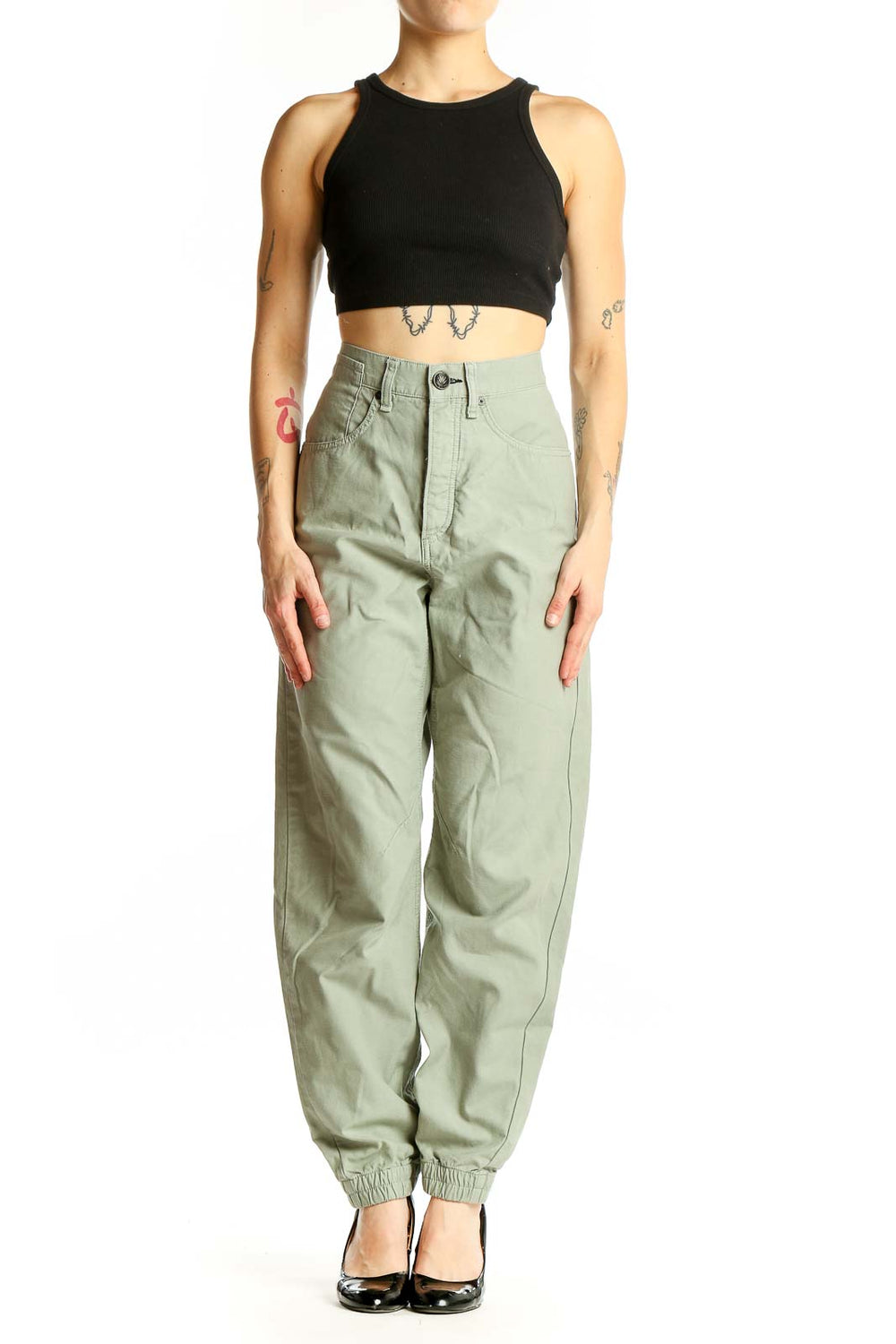 Front view of Rag & Bone sage green cotton jogger pants