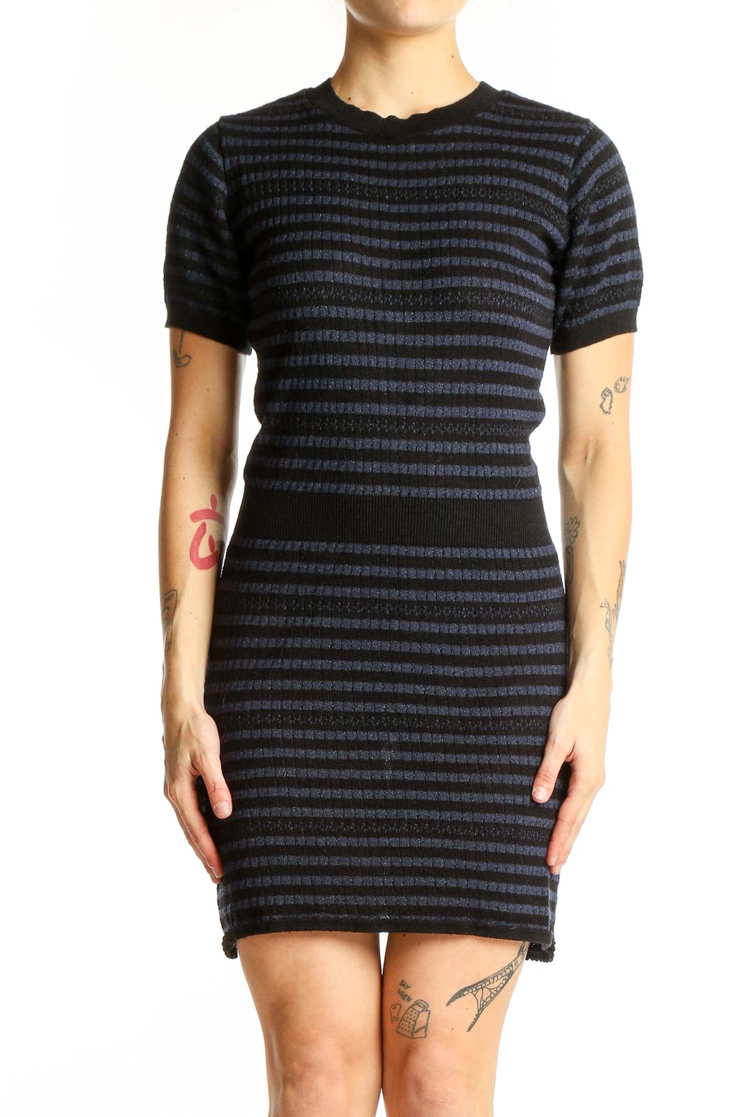 Front view of Zara Knit Black and Navy Striped Form-Fitting Dress