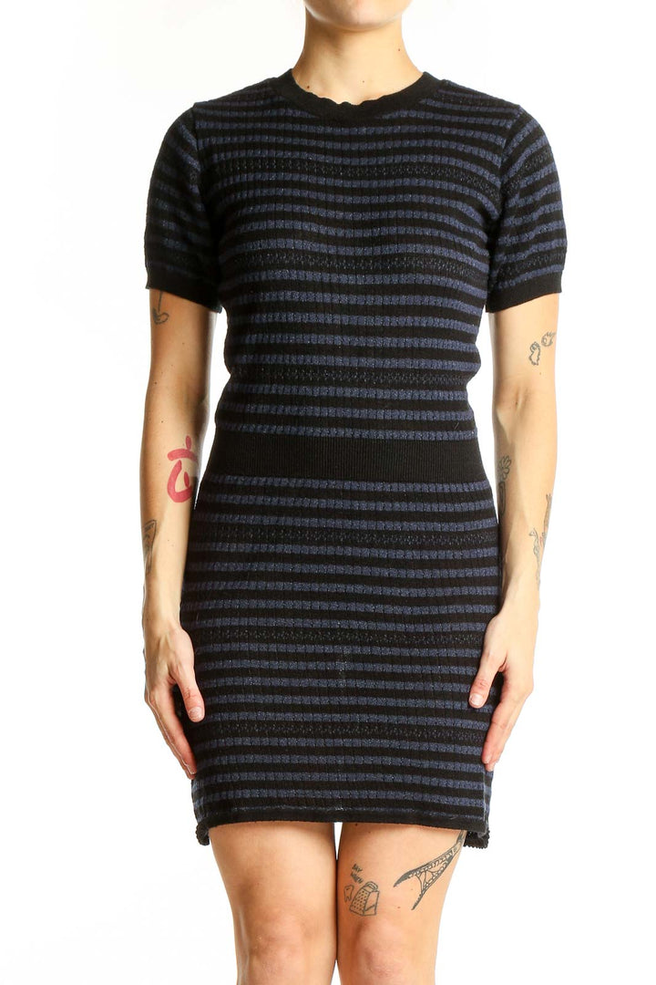 Front view of Zara Knit Black and Navy Striped Form-Fitting Dress