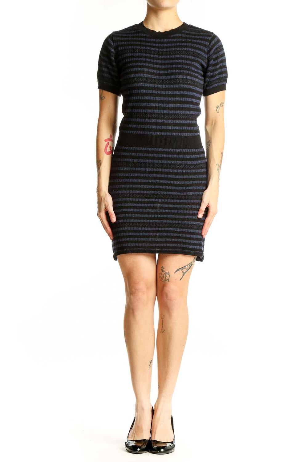 Front view of Zara Knit Black and Navy Striped Form-Fitting Dress