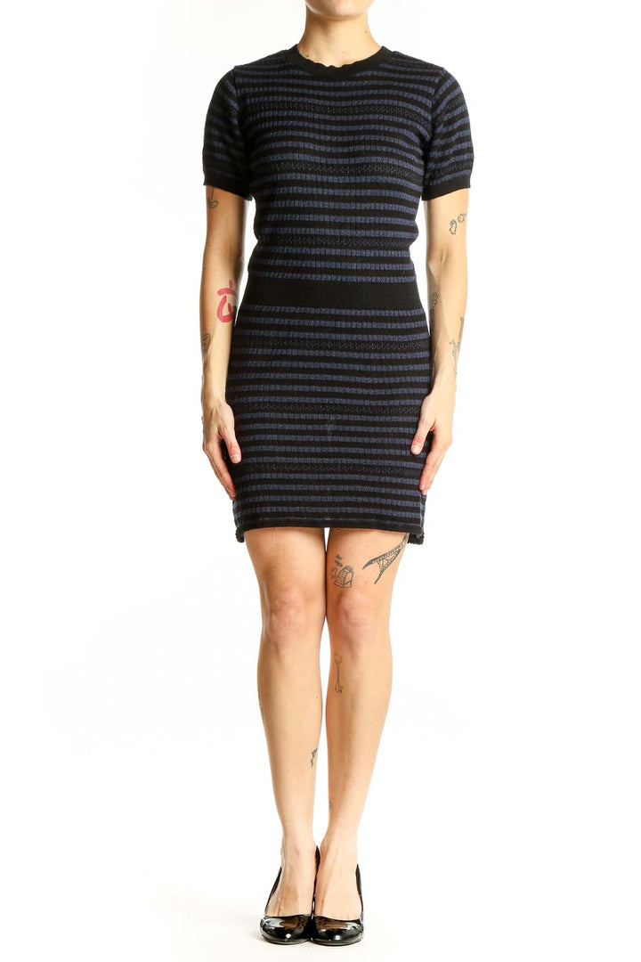 Front view of Zara Knit Black and Navy Striped Form-Fitting Dress