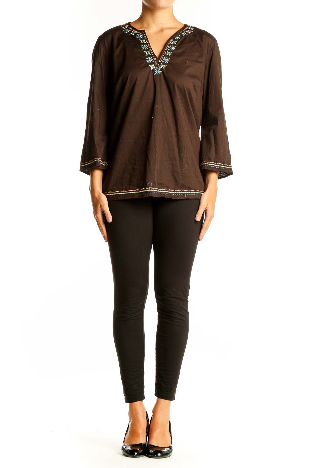 Front view of brown Talbots tunic top with floral embroidery and bell sleeves