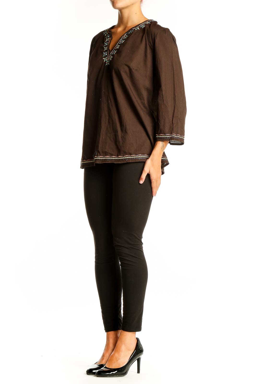 Front view of brown Talbots tunic top with floral embroidery and bell sleeves