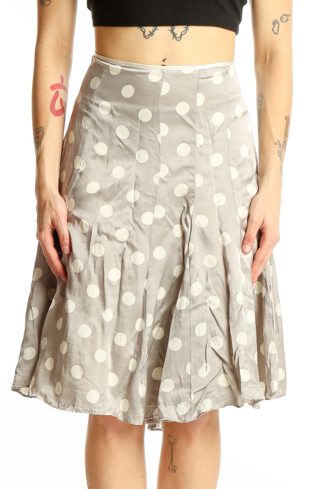 Front view of White House Black Market gray silk skirt with white polka dots