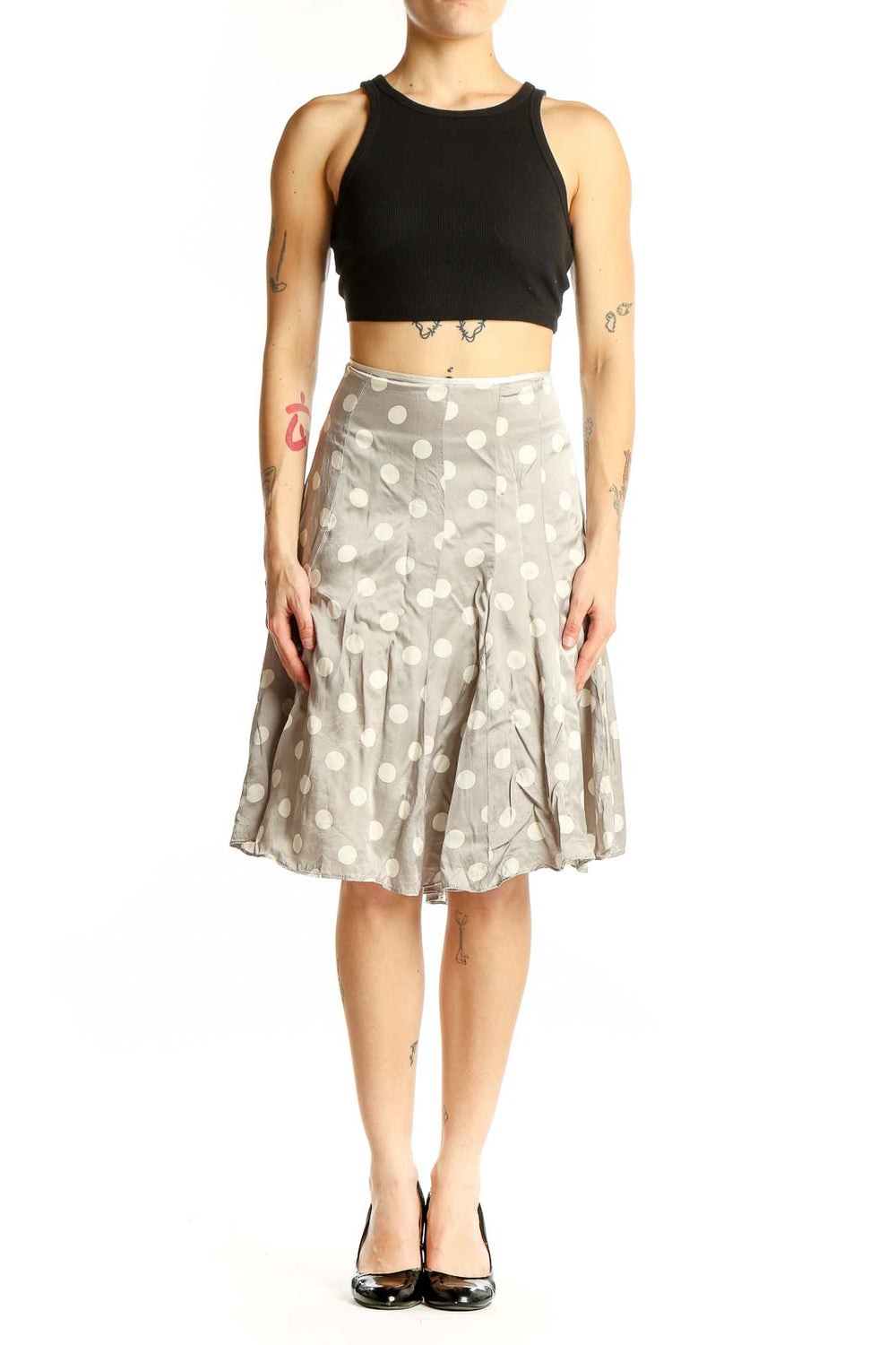 Front view of White House Black Market gray silk skirt with white polka dots