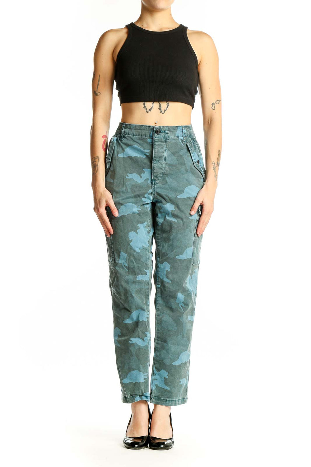 Front view of C/E Current/Elliott blue camo cargo pants