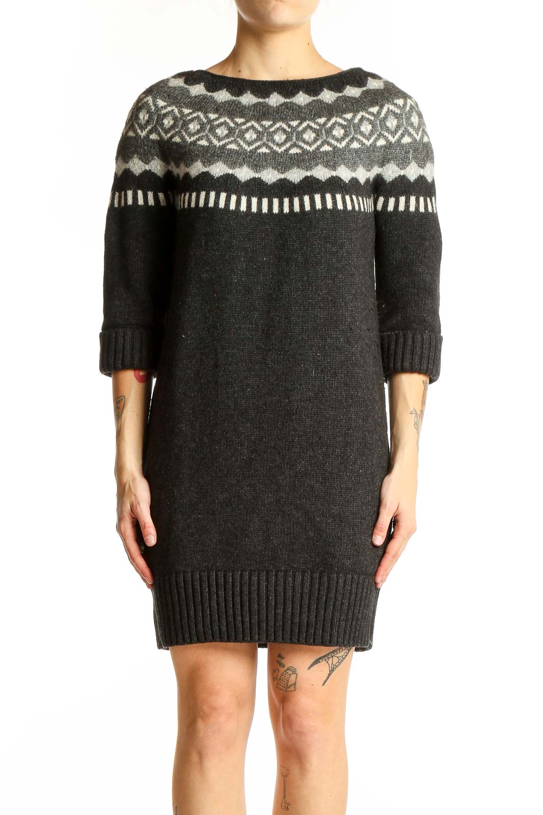 Front view of Ann Taylor LOFT charcoal Fair Isle knit sweater dress