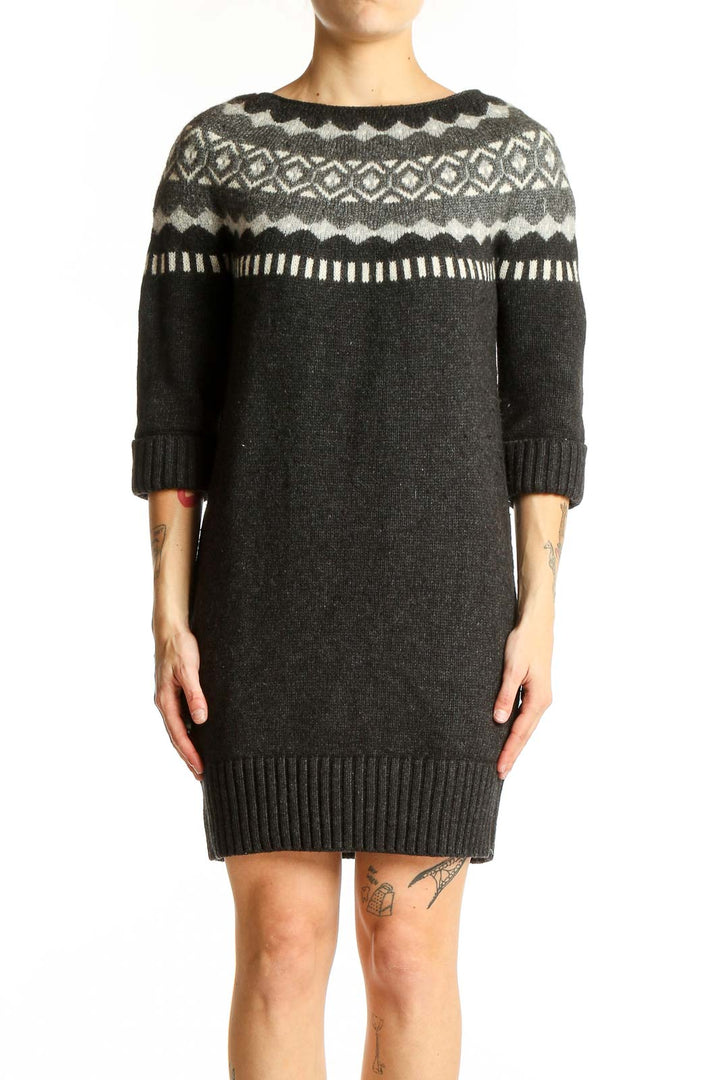 Front view of Ann Taylor LOFT charcoal Fair Isle knit sweater dress