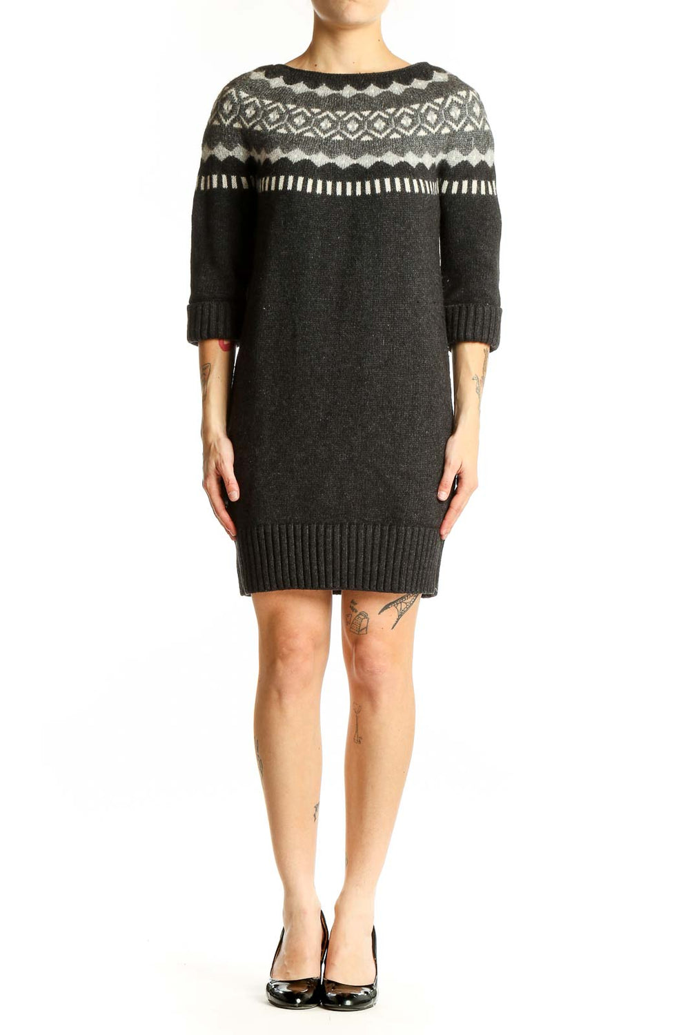Front view of Ann Taylor LOFT charcoal Fair Isle knit sweater dress