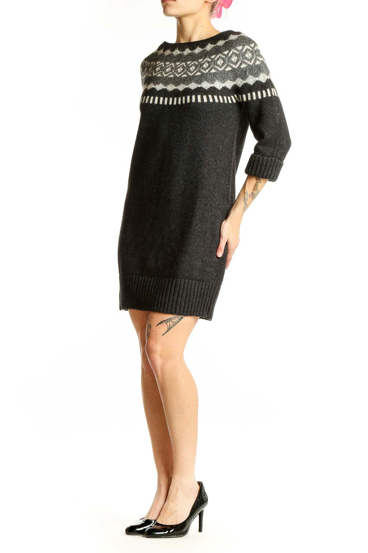 Front view of Ann Taylor LOFT charcoal Fair Isle knit sweater dress