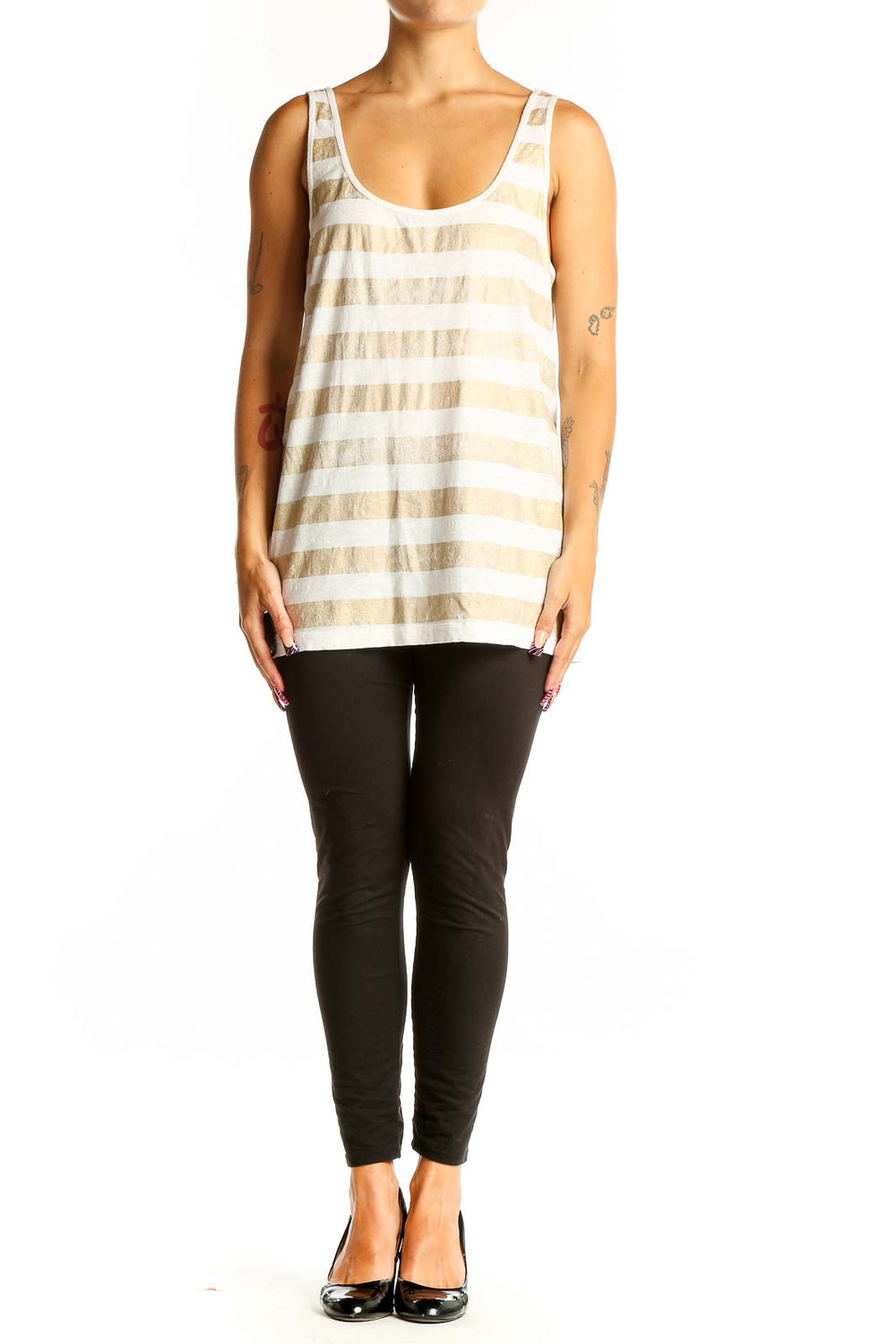 Front view of J.Crew white and beige striped tank top