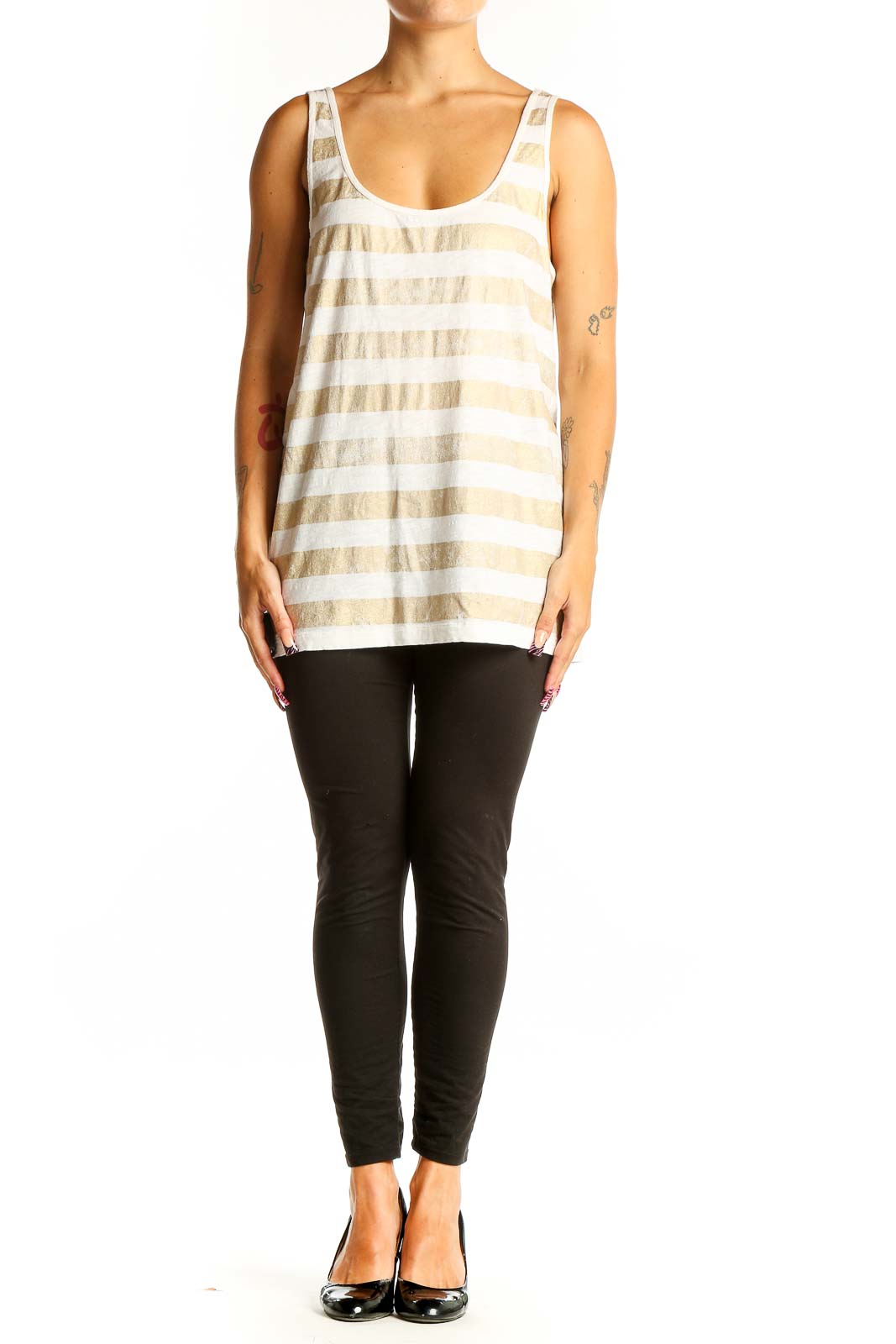 Front view of J.Crew white and beige striped tank top