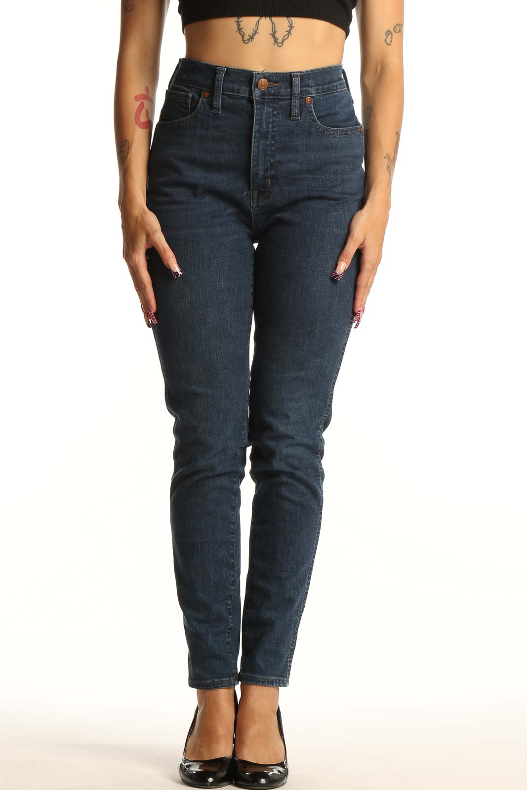 Front view of Madewell dark blue high-rise slim fit jeans