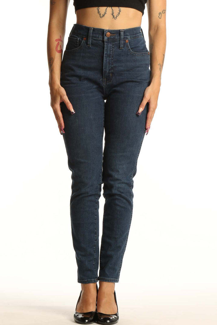 Front view of Madewell dark blue high-rise slim fit jeans