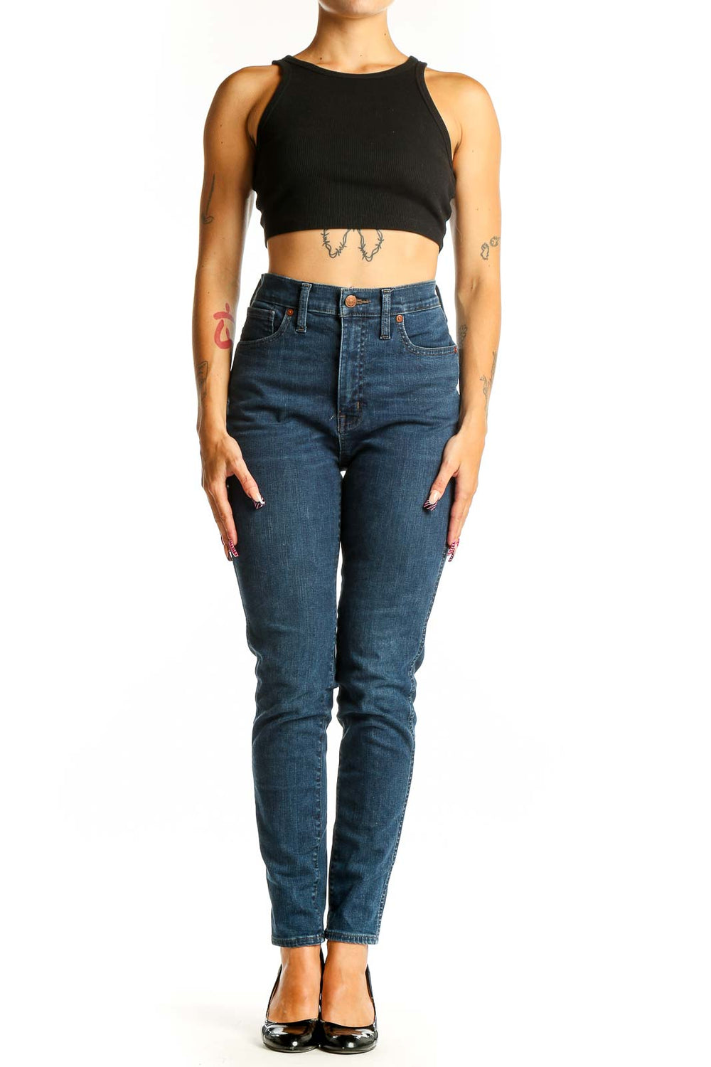 Front view of Madewell dark blue high-rise slim fit jeans