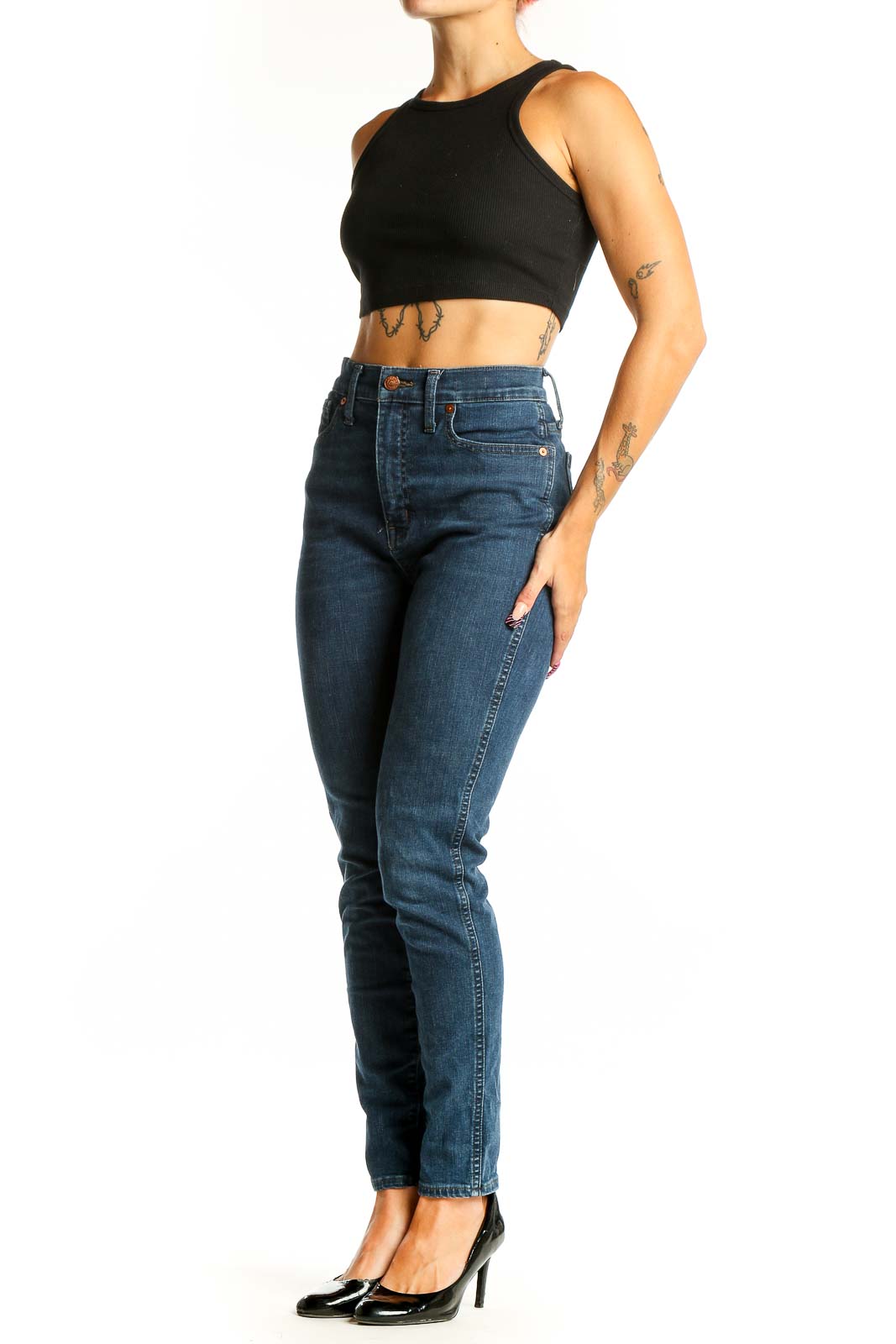Front view of Madewell dark blue high-rise slim fit jeans
