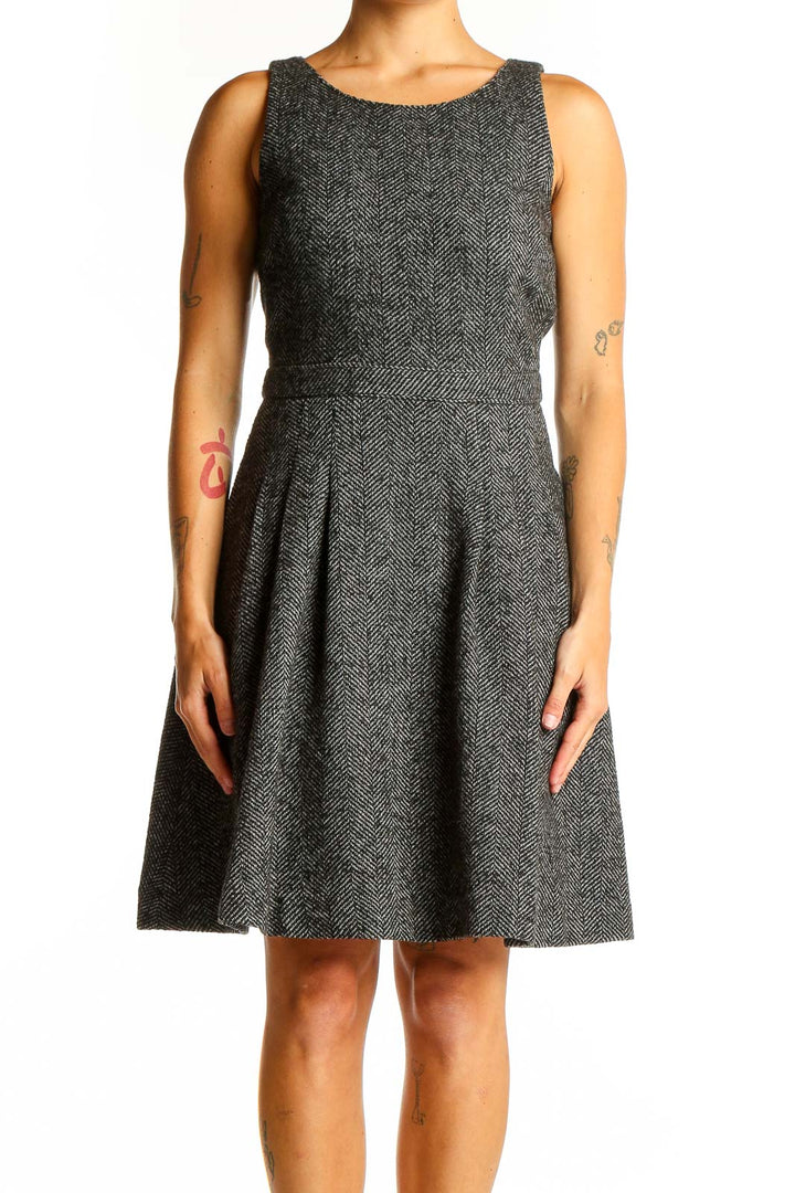Front view of Banana Republic gray herringbone fit-and-flare dress