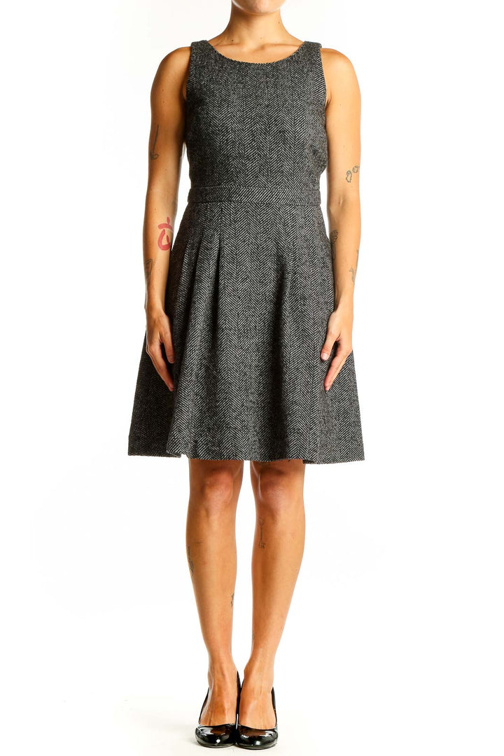 Front view of Banana Republic gray herringbone fit-and-flare dress