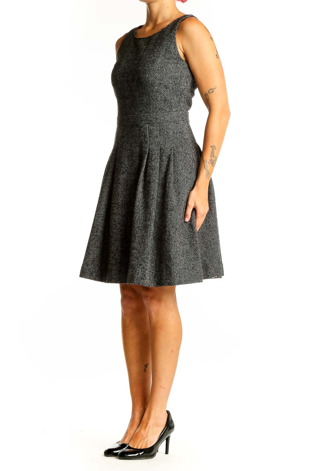 Front view of Banana Republic gray herringbone fit-and-flare dress