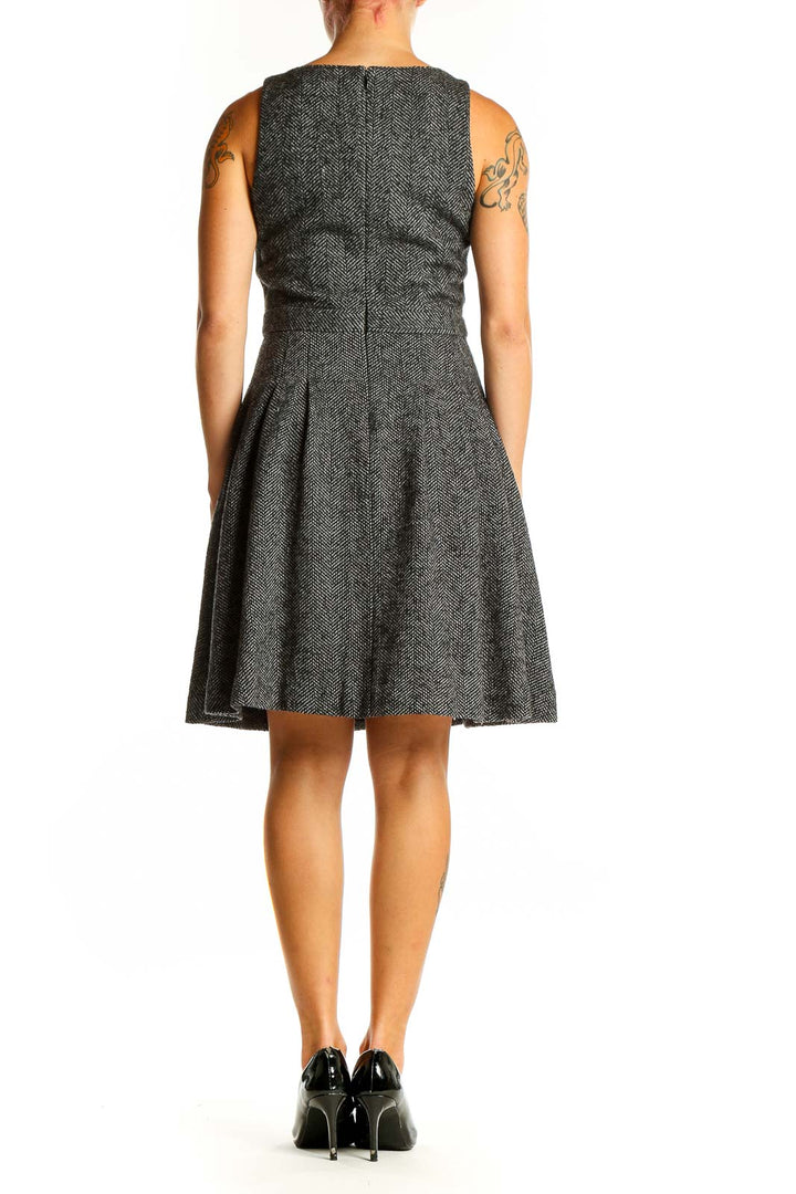 Side view of Banana Republic gray herringbone fit-and-flare dress