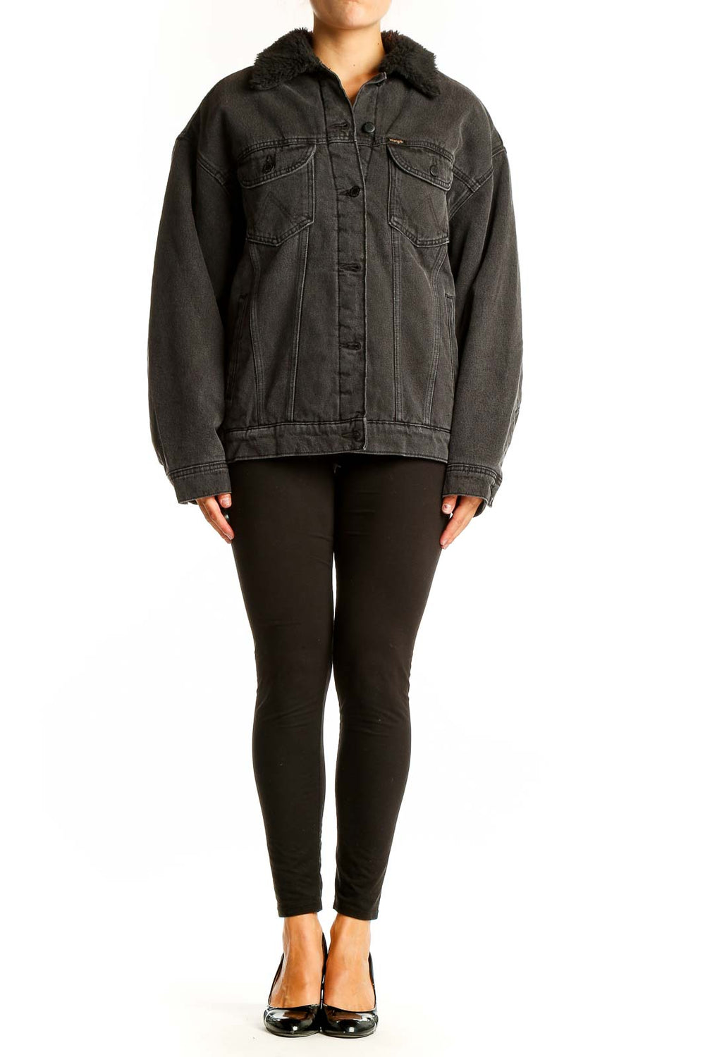 Front view of Wrangler black oversized denim jacket with faux fur collar