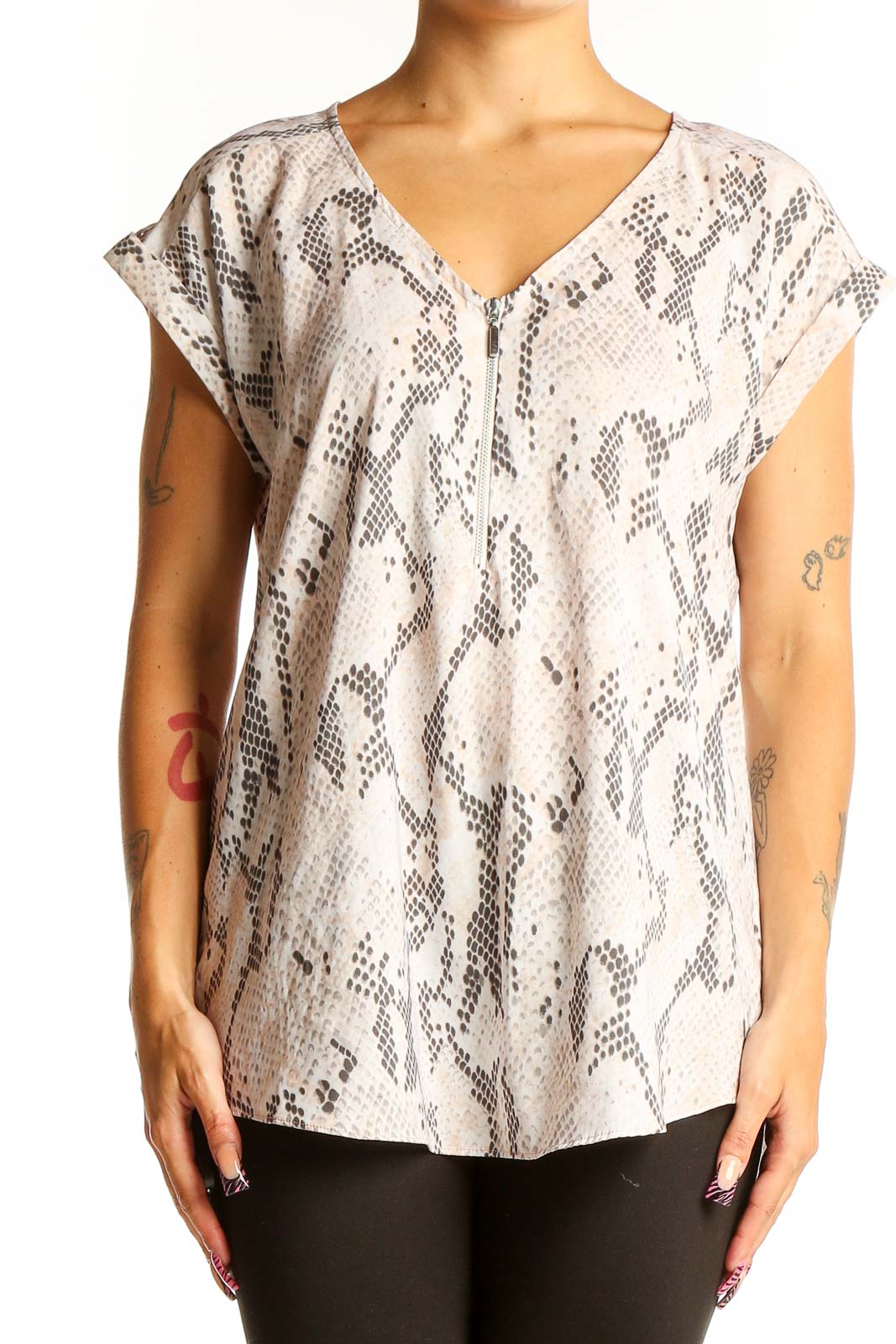 Front view of beige snake print V-neck blouse from Express
