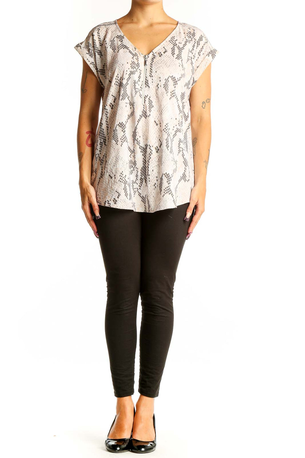 Front view of beige snake print V-neck blouse from Express