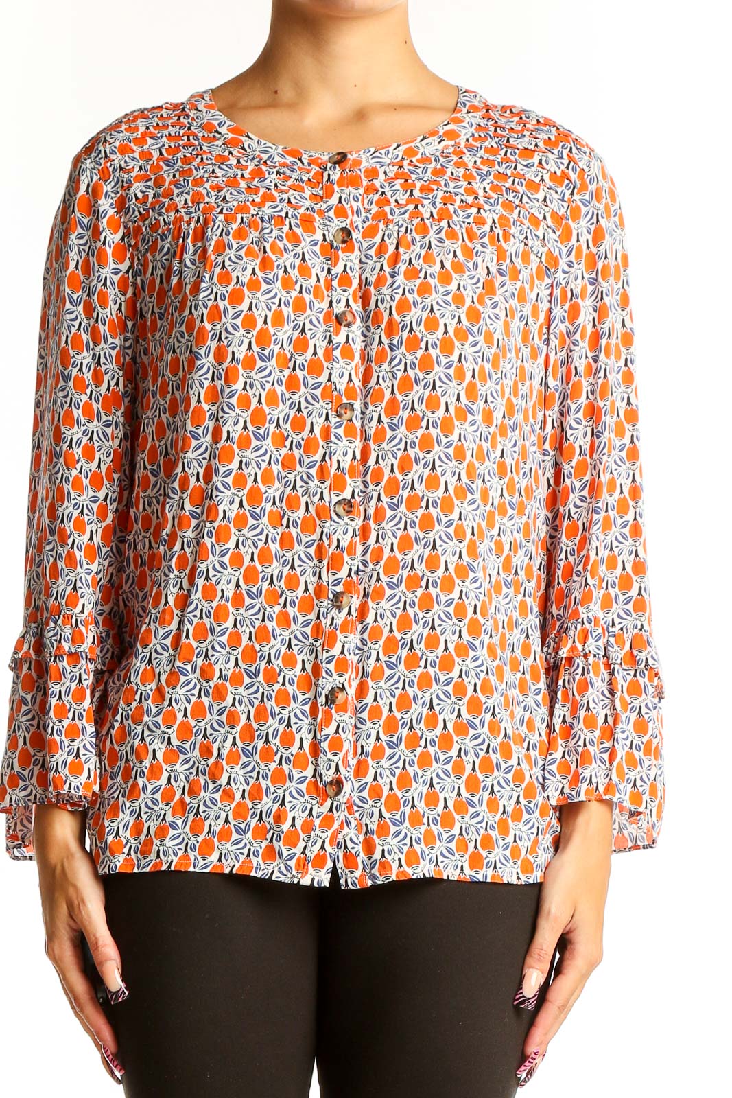 Front view of Maeve orange floral print rayon blouse with long sleeves