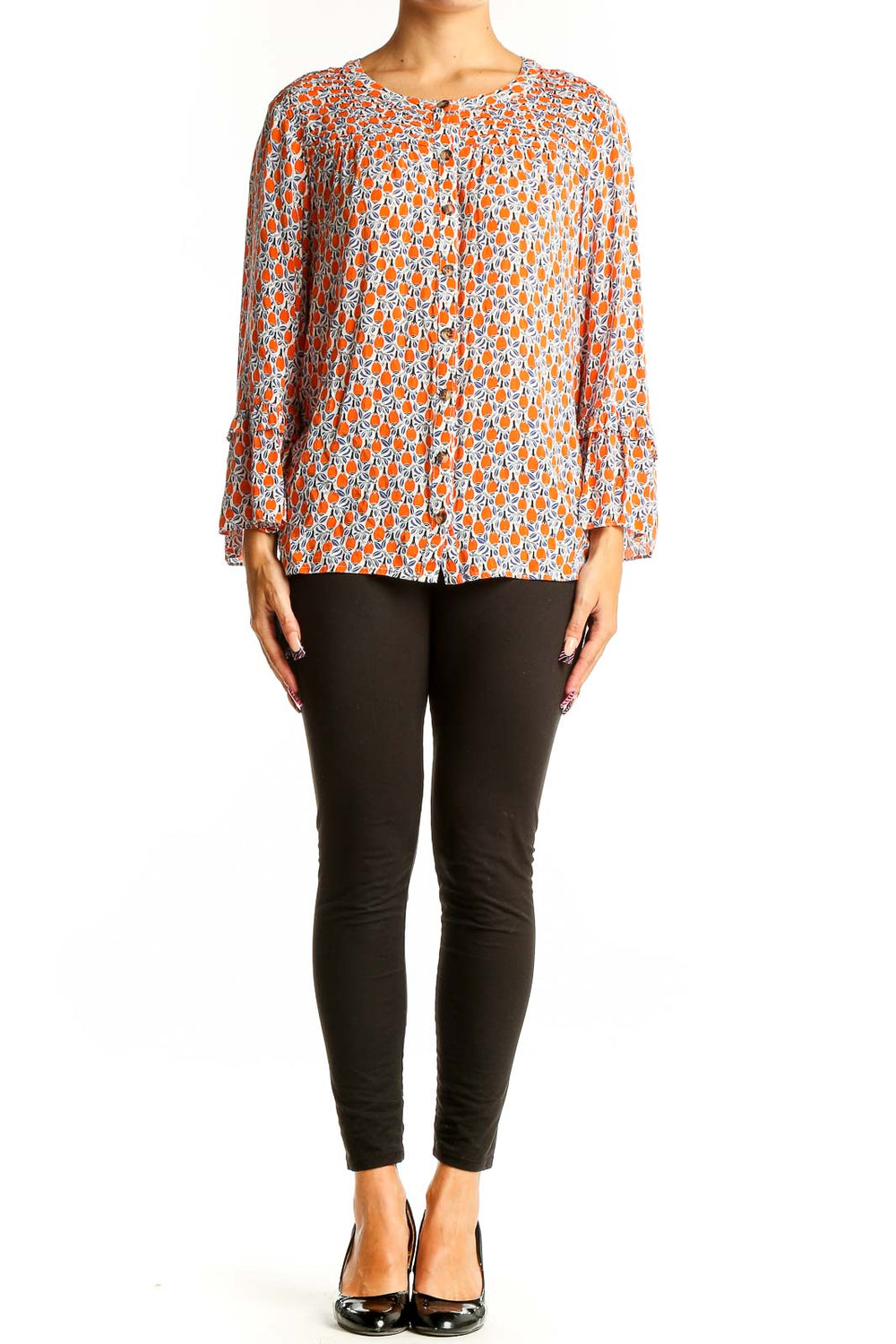 Front view of Maeve orange floral print rayon blouse with long sleeves