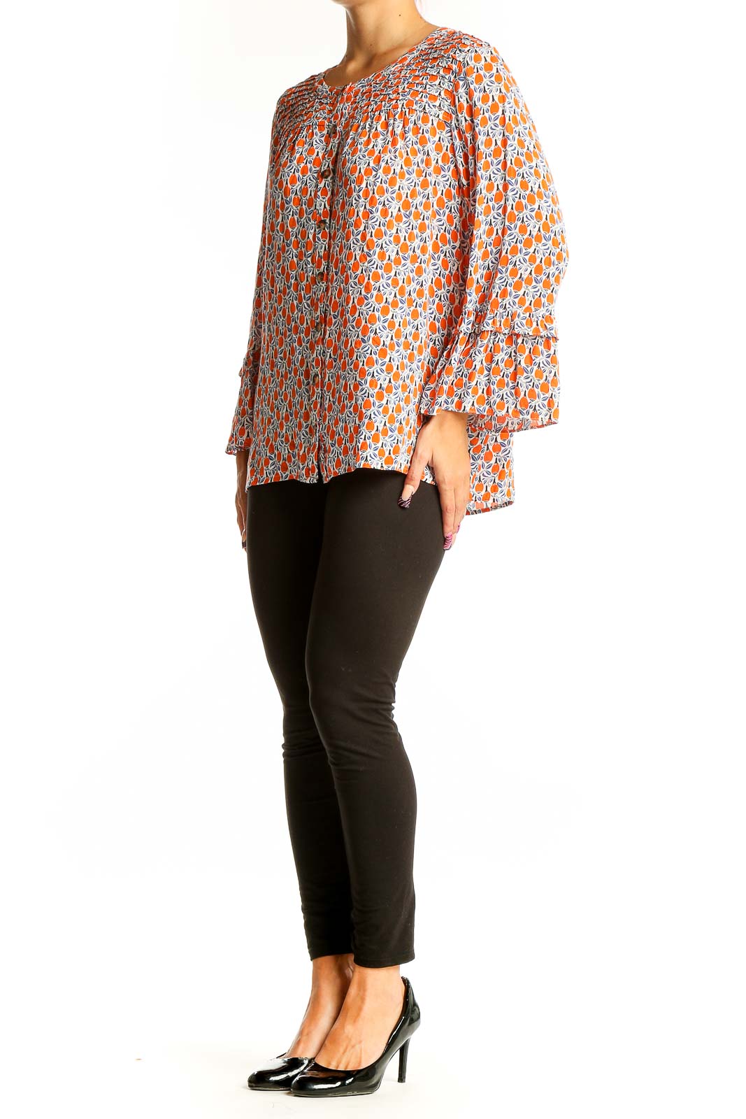 Front view of Maeve orange floral print rayon blouse with long sleeves