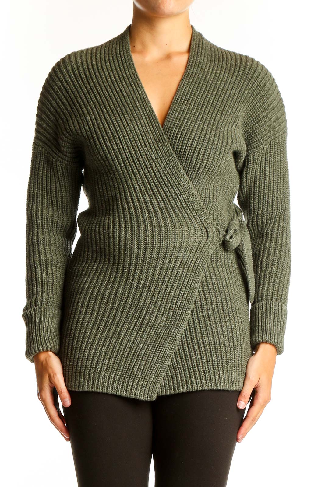 Front view of olive ribbed wrap cardigan from Gap