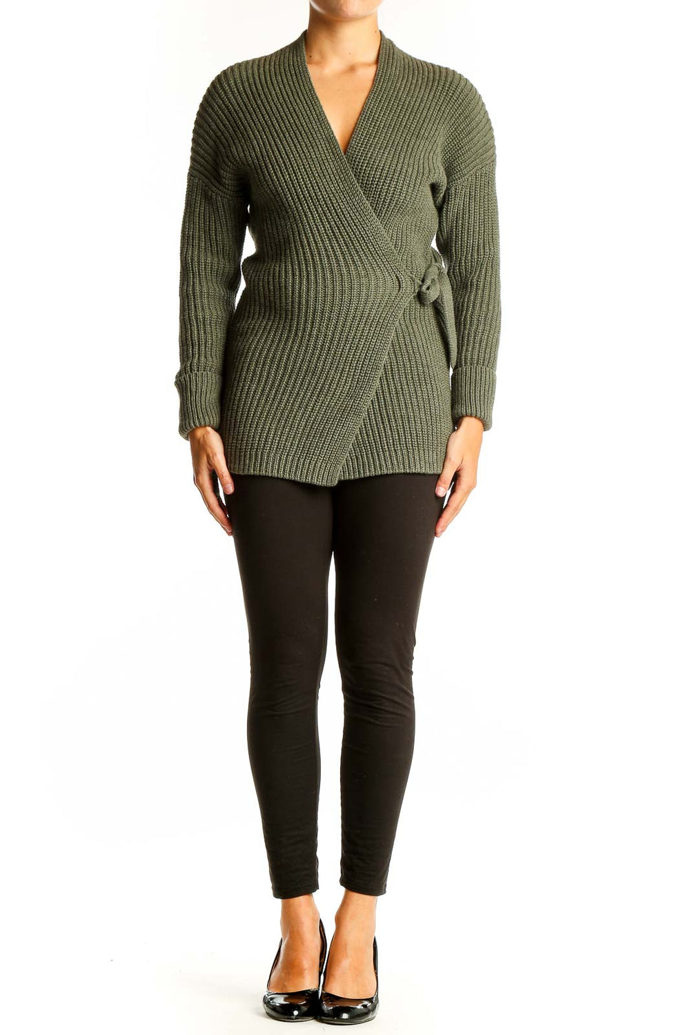 Front view of olive ribbed wrap cardigan from Gap