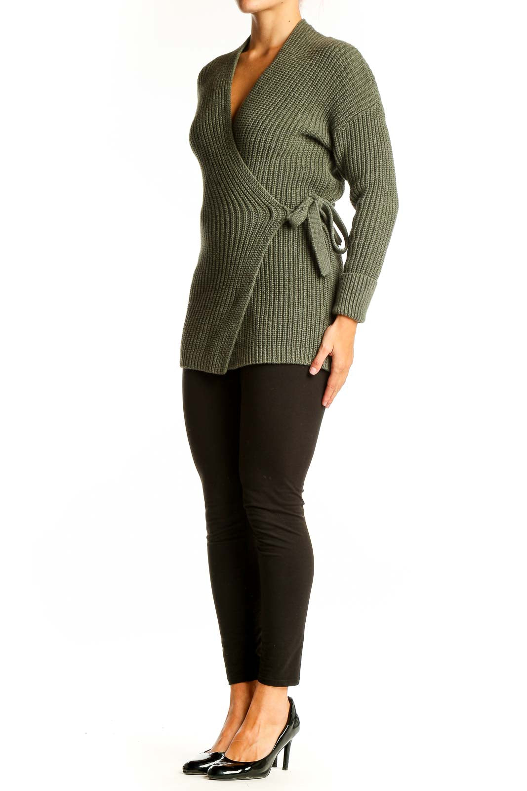 Front view of olive ribbed wrap cardigan from Gap