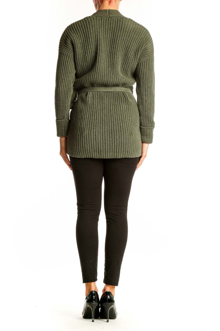 Side view of olive ribbed wrap cardigan from Gap with tie waist