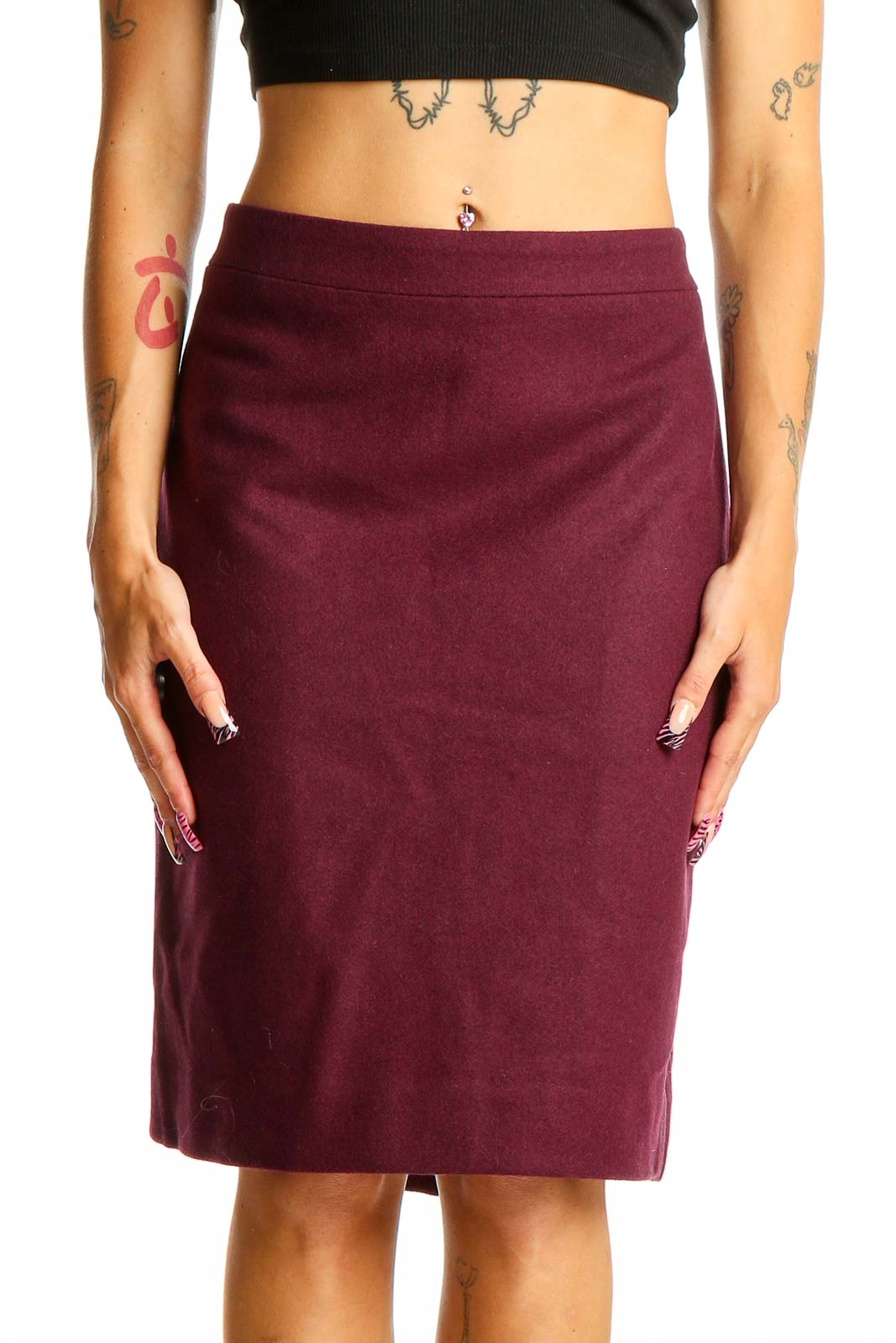 Front view of burgundy J.Crew pencil skirt on model