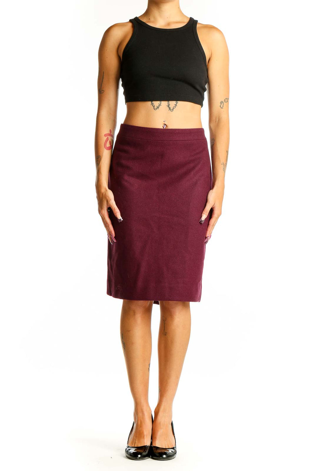 Front view of burgundy J.Crew pencil skirt on model
